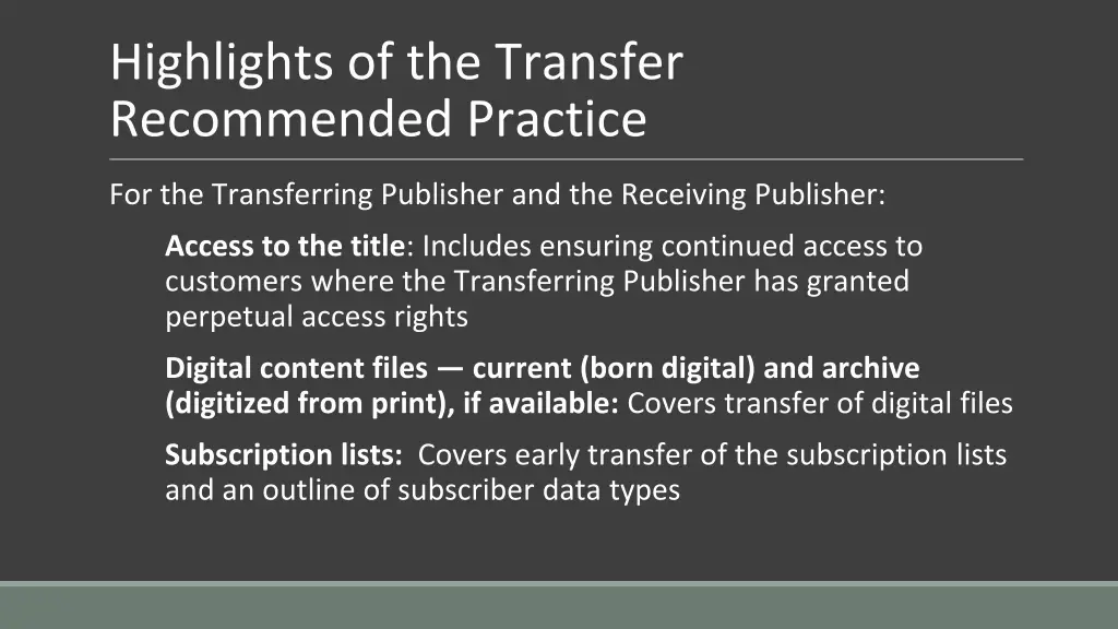 highlights of the transfer recommended practice