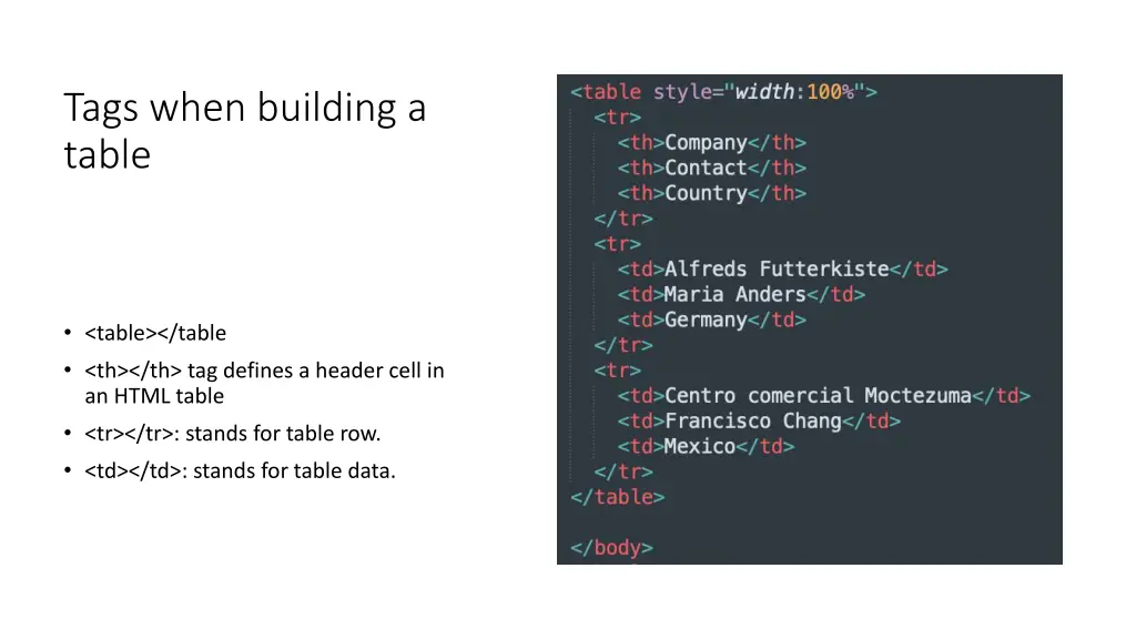 tags when building a table