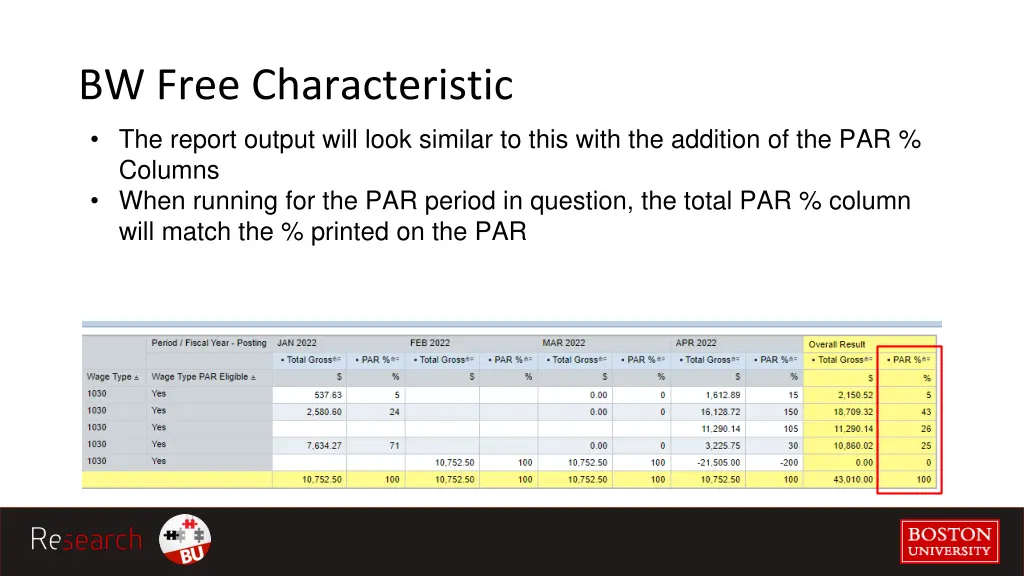 bw free characteristic the report output will 1
