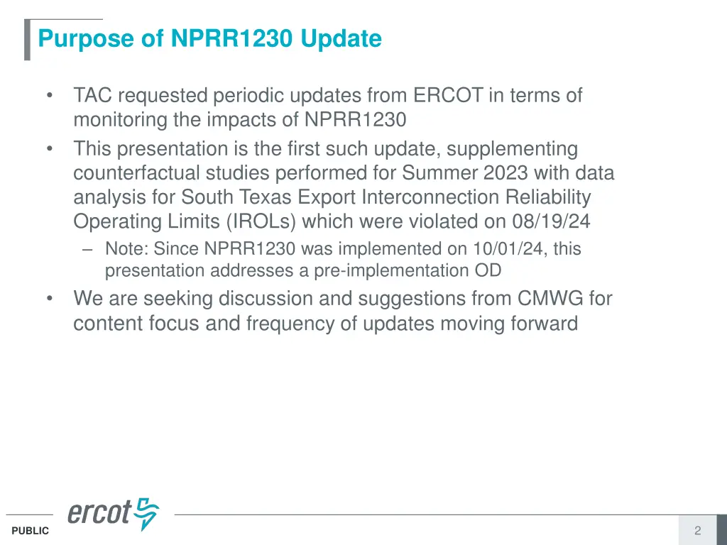 purpose of nprr1230 update