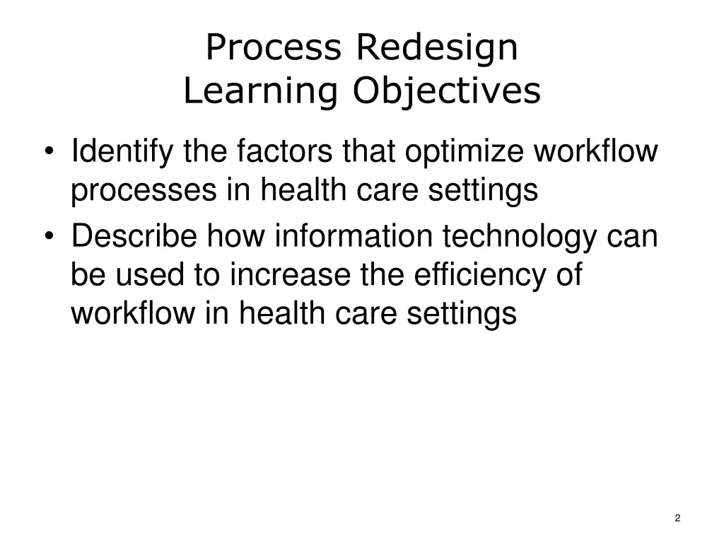 process redesign learning objectives