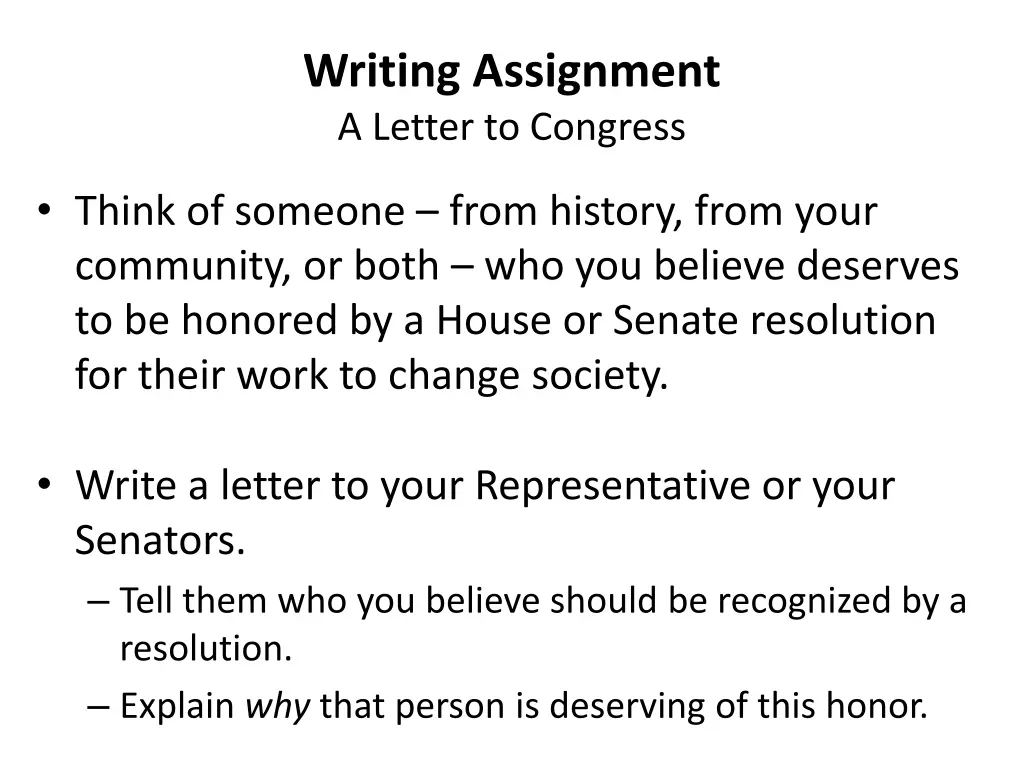 writing assignment a letter to congress