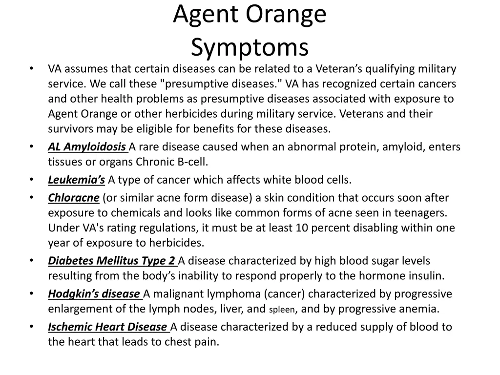 agent orange symptoms