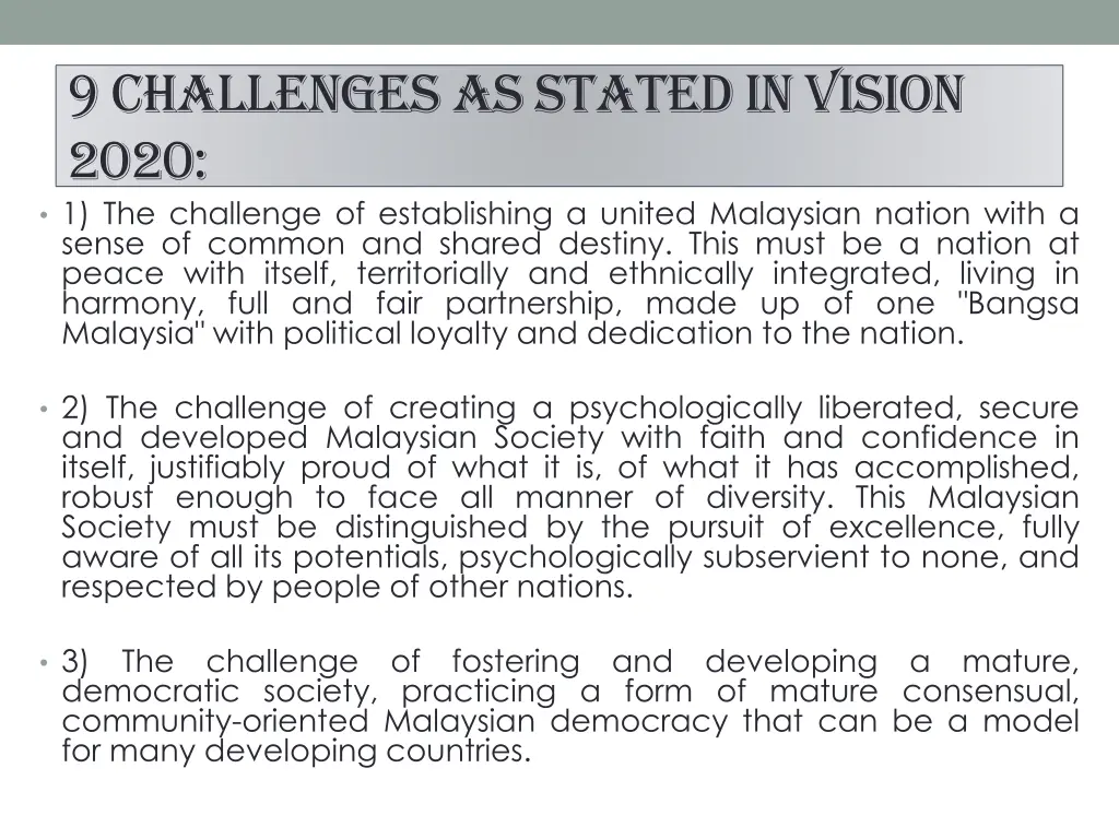 9 challenges as stated in vision 2020