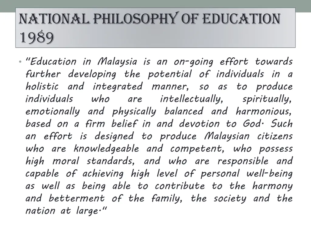 national philosophy of education 1989