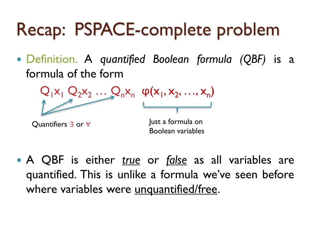 recap pspace complete problem