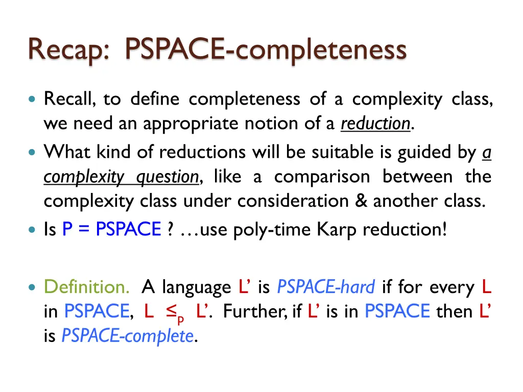 recap pspace completeness
