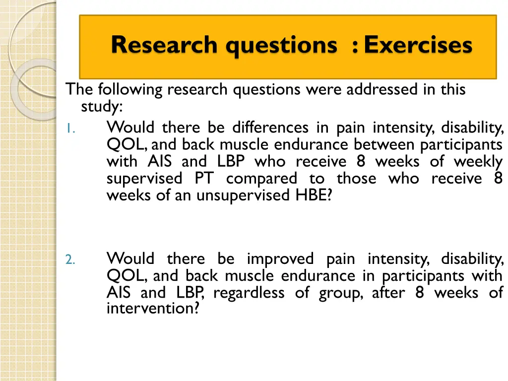 research questions exercises