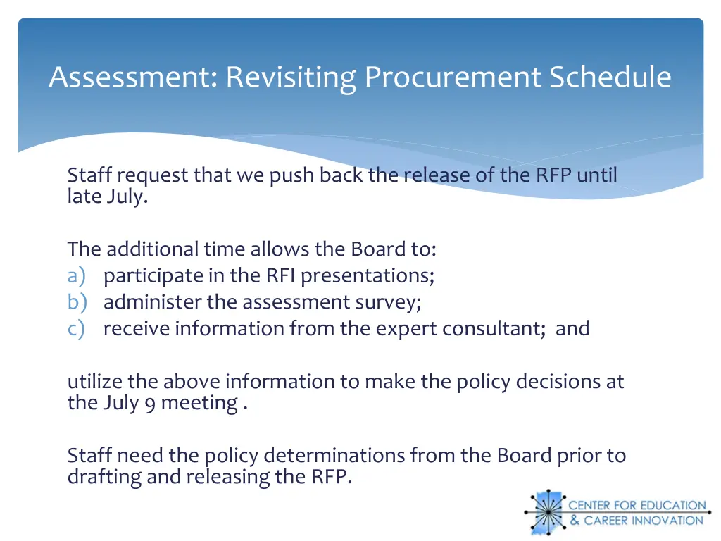 assessment revisiting procurement schedule