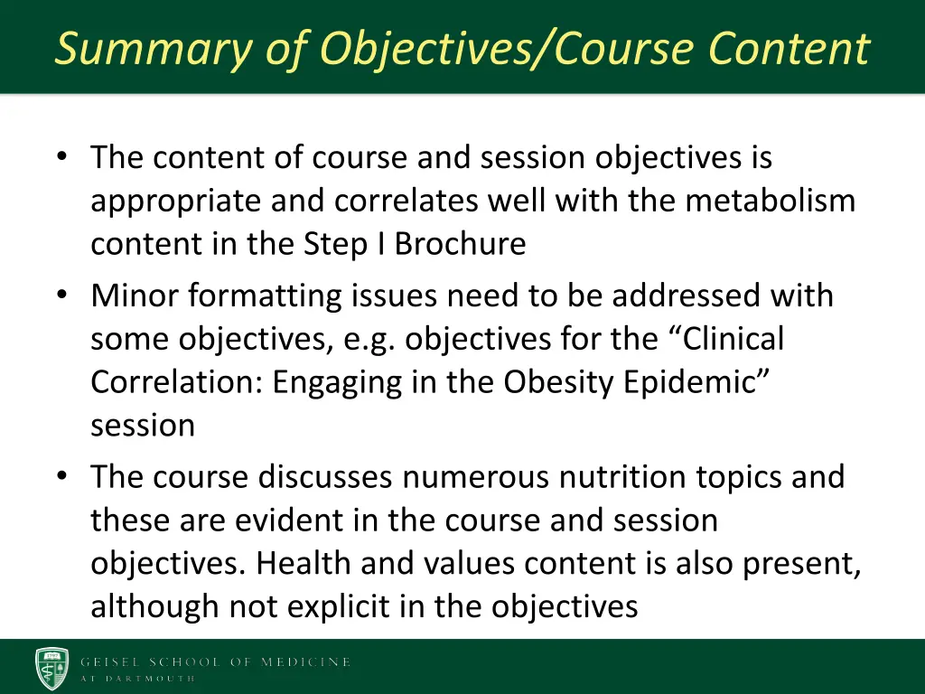 summary of objectives course content