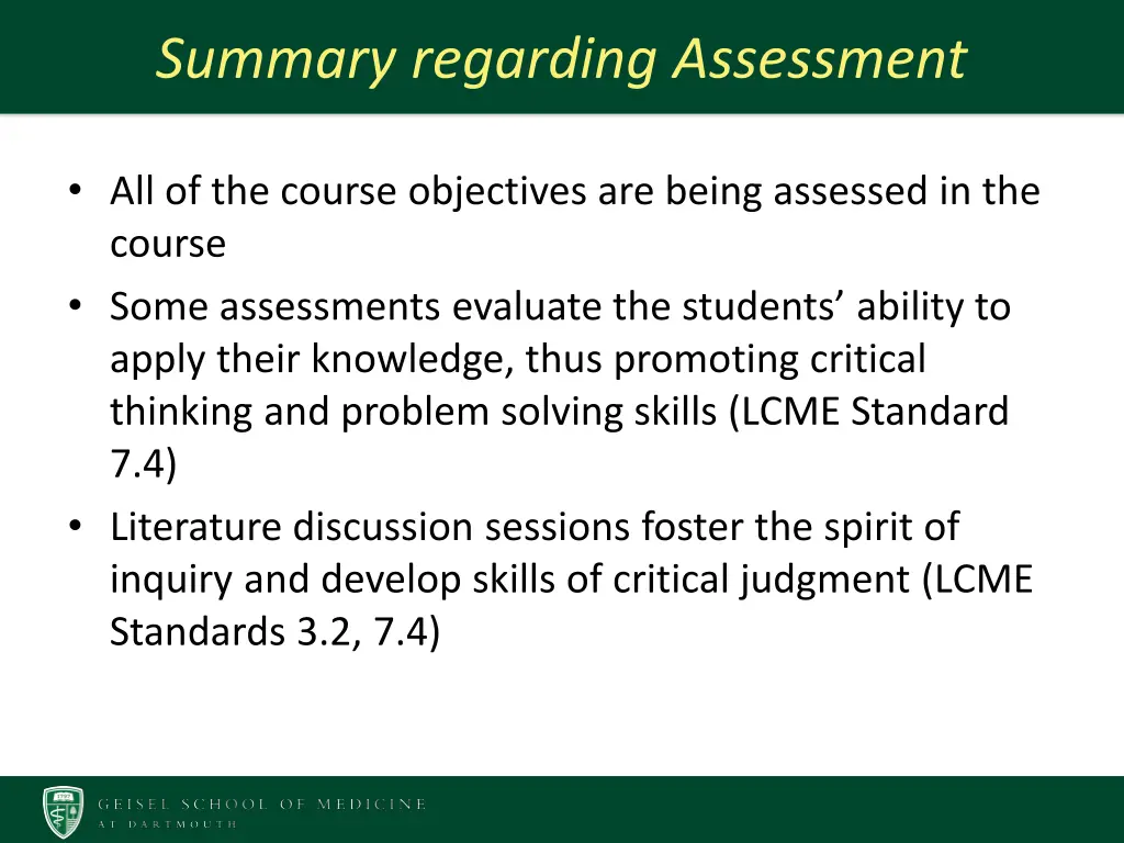 summary regarding assessment