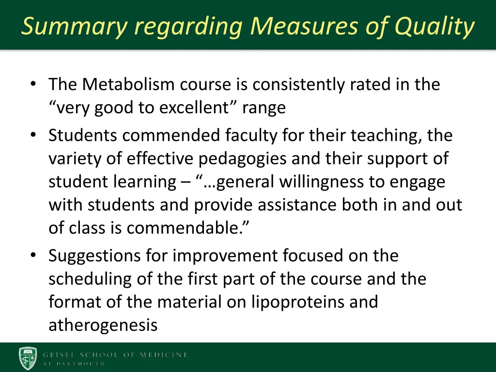 summary regarding measures of quality