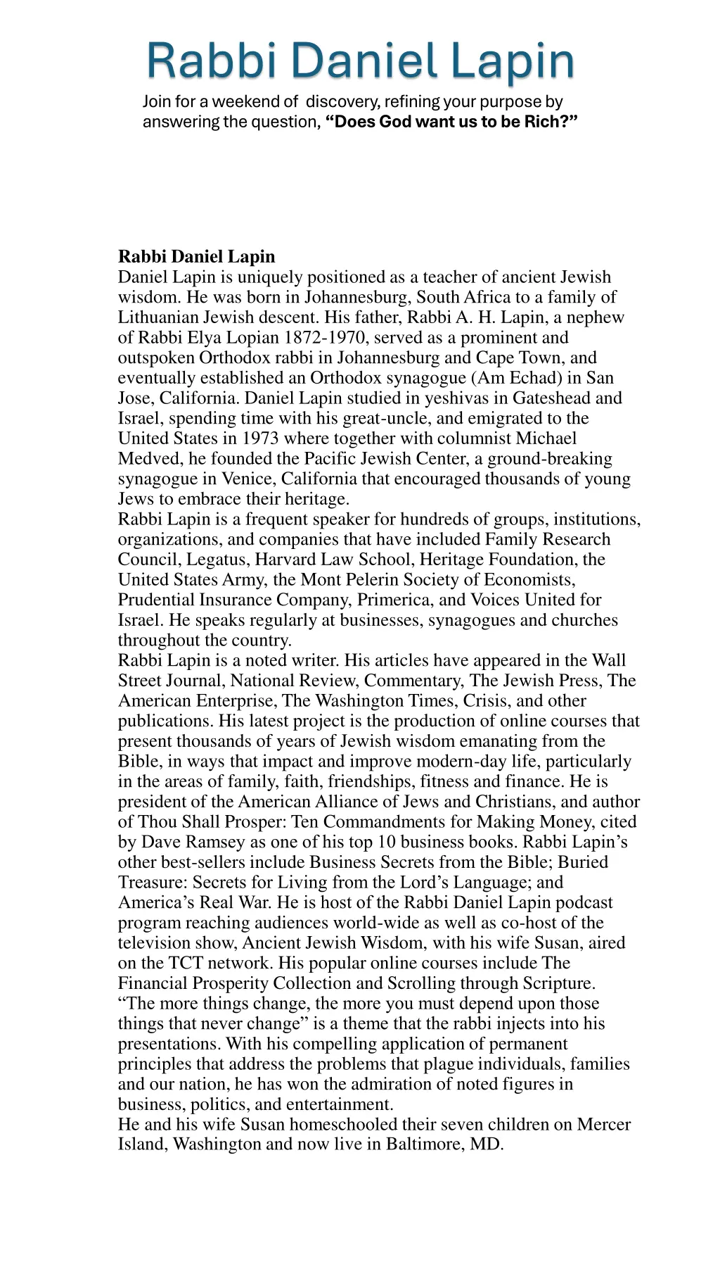 rabbi daniel lapin join for a weekend
