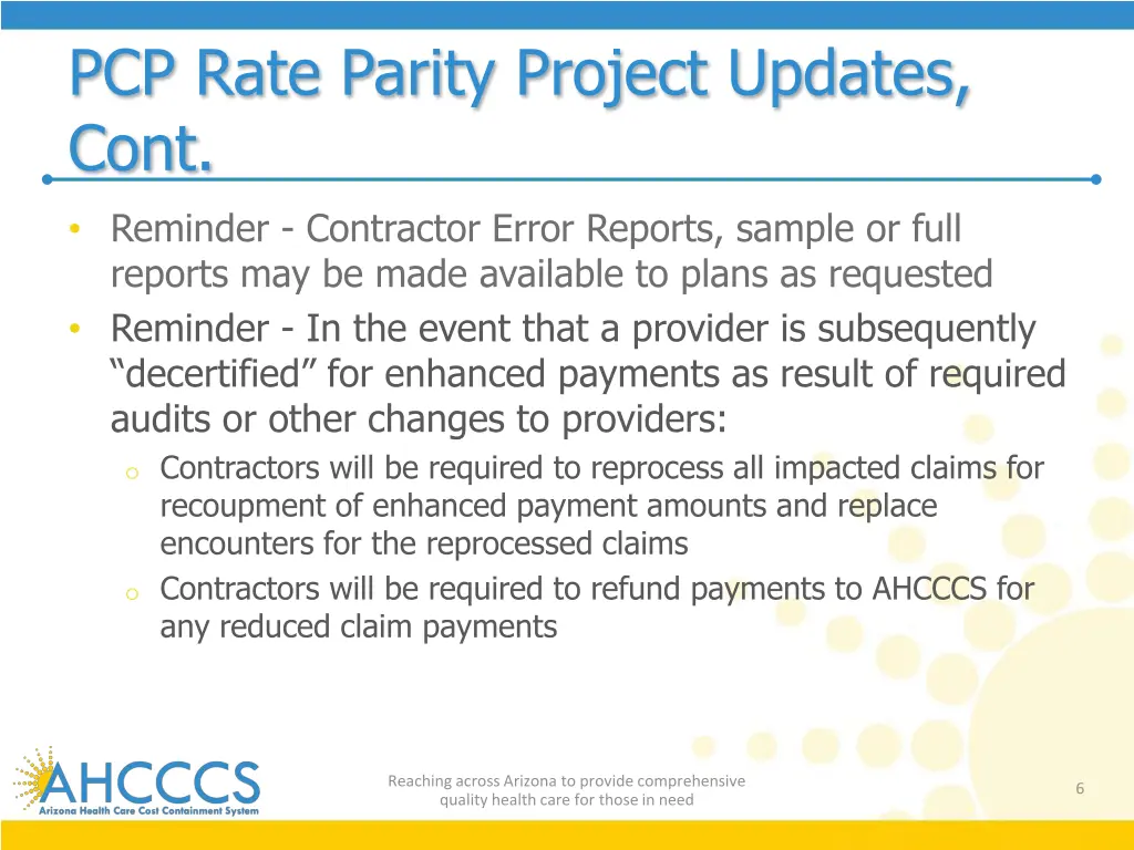 pcp rate parity project updates cont