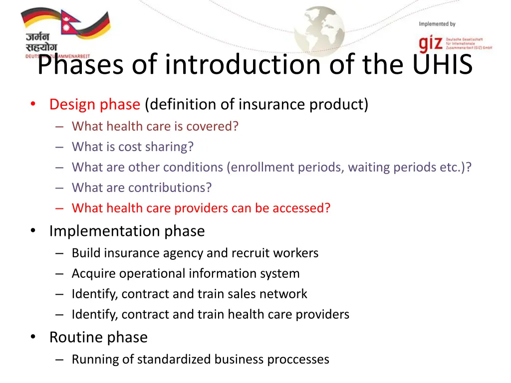 phases of introduction of the uhis