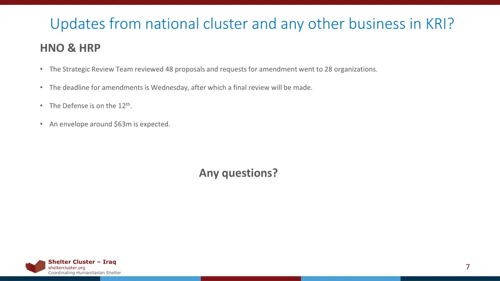 updates from national cluster and any other