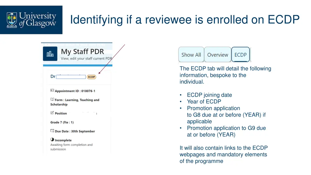 identifying if a reviewee is enrolled on ecdp