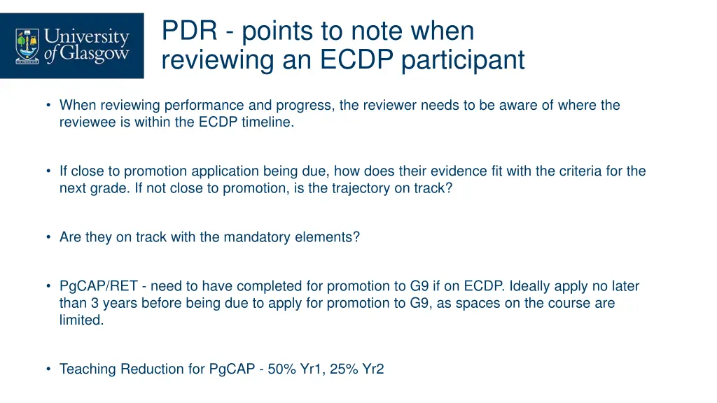 pdr points to note when reviewing an ecdp