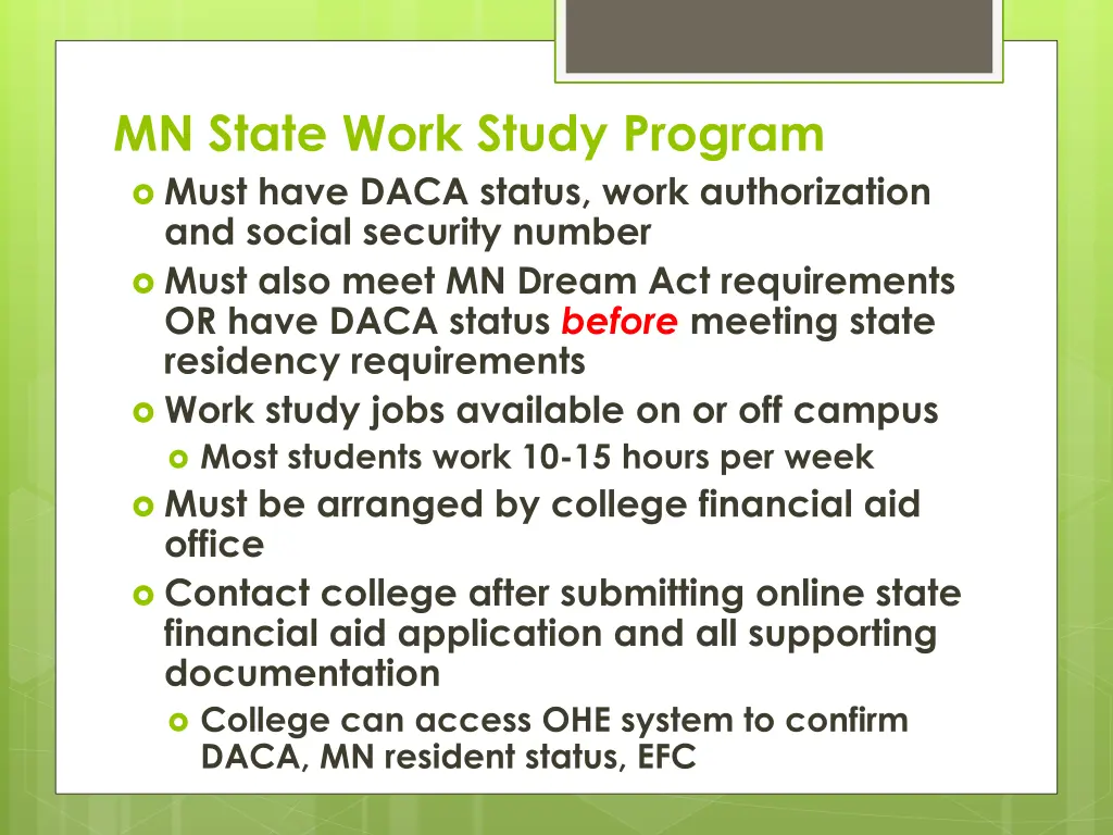 mn state work study program must have daca status