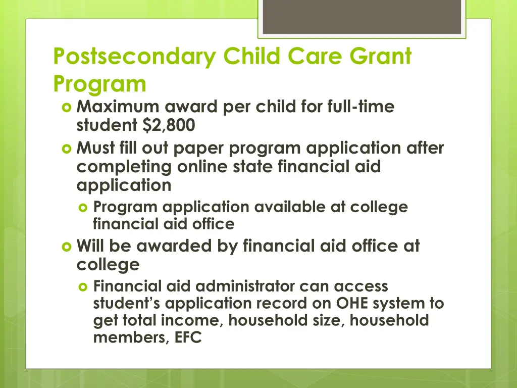 postsecondary child care grant program maximum
