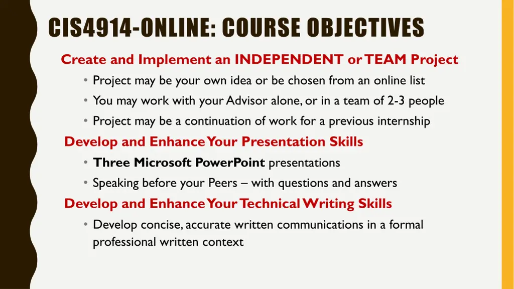 cis4914 online course objectives