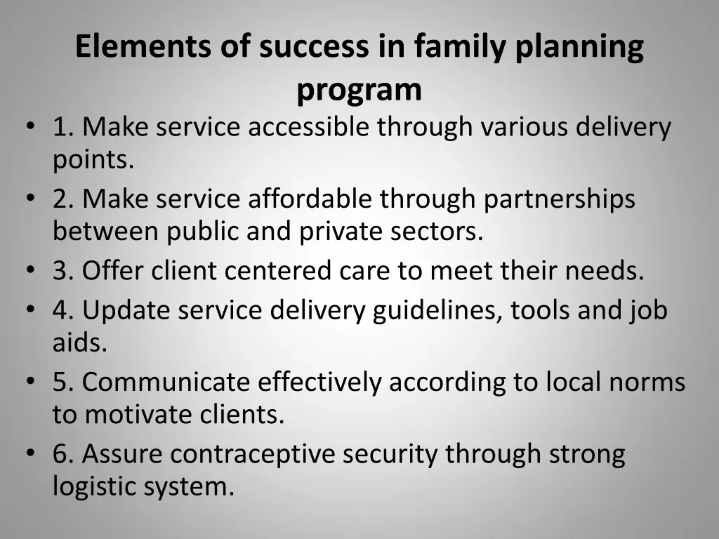 elements of success in family planning program