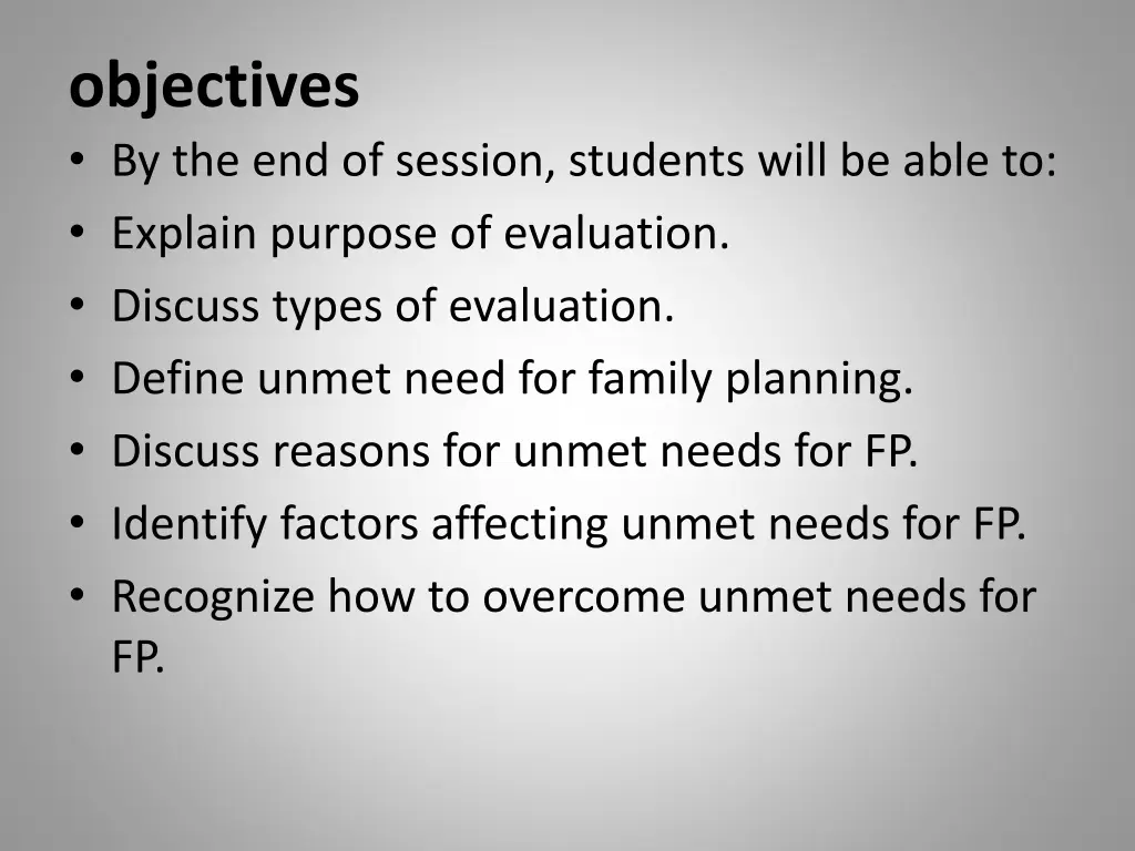 objectives by the end of session students will