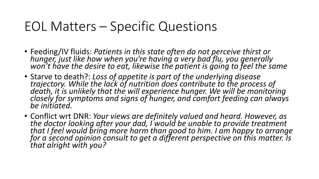 eol matters specific questions