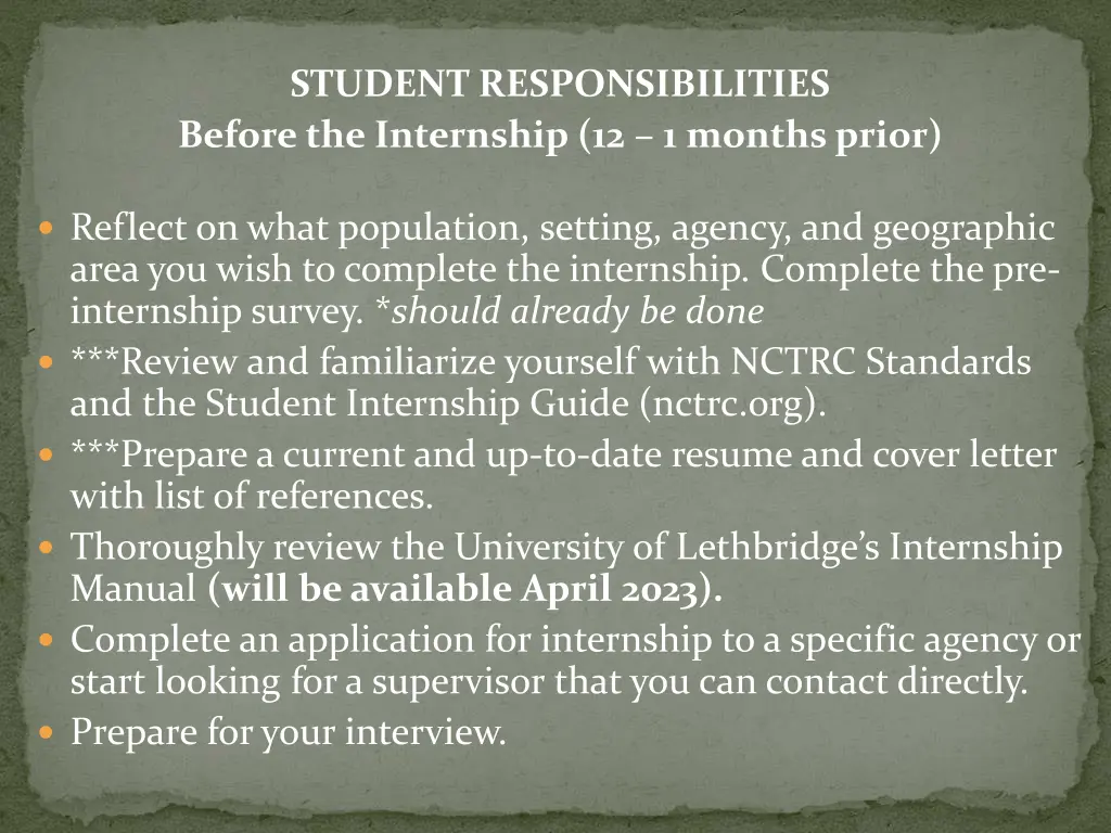 student responsibilities before the internship