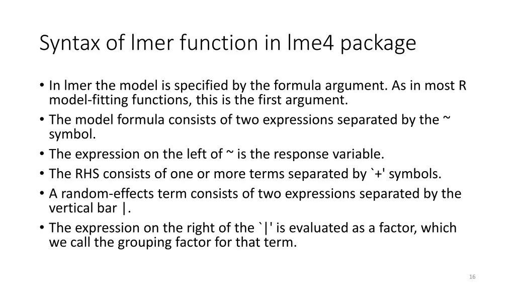 syntax of lmer function in lme4 package