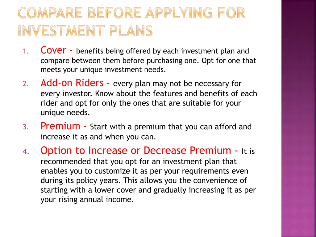 compare before applying for investment plans