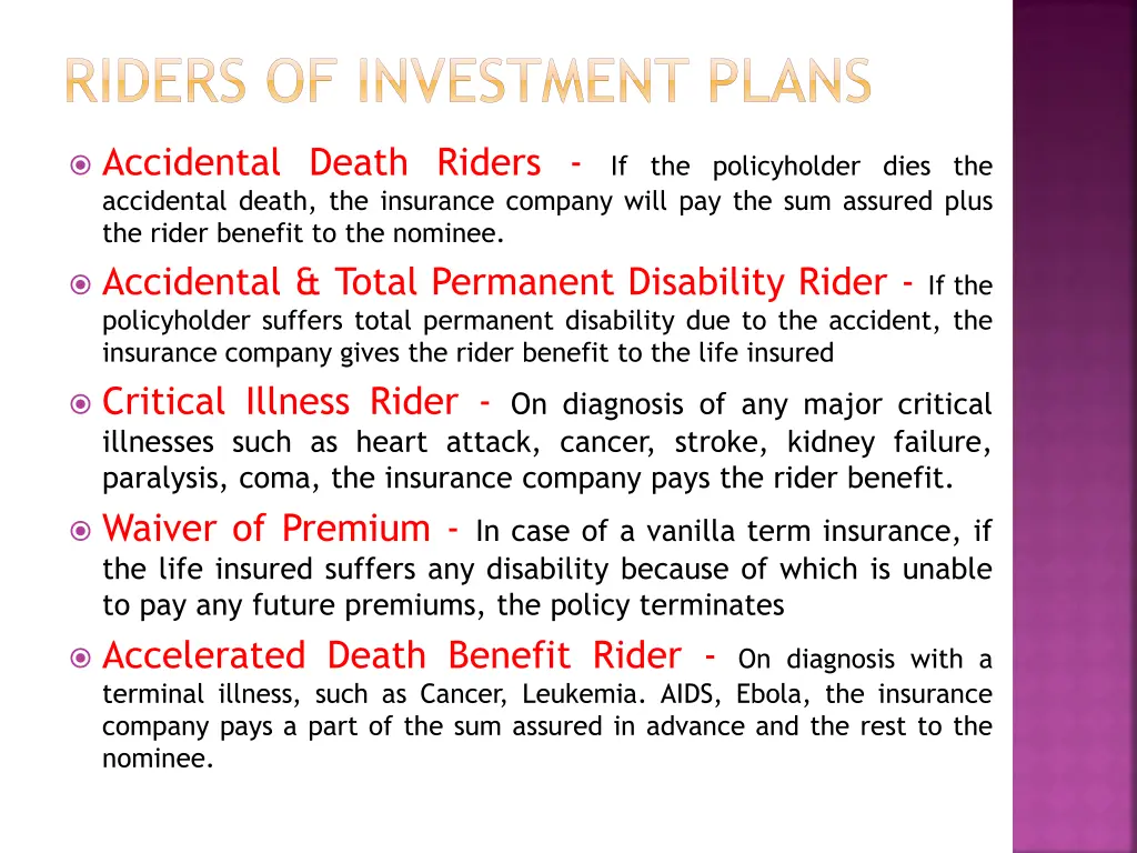 riders of investment plans