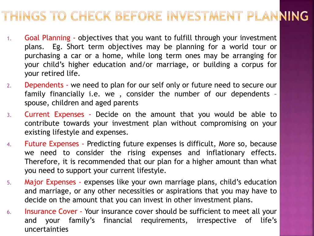 things to check before investment planning