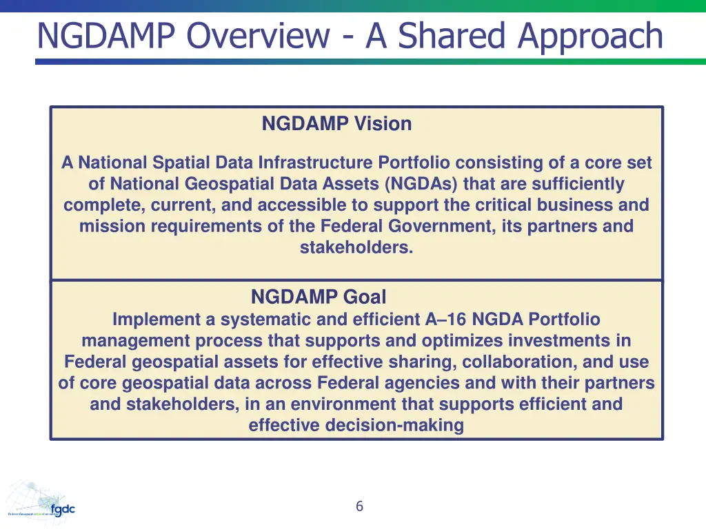 ngdamp overview a shared approach