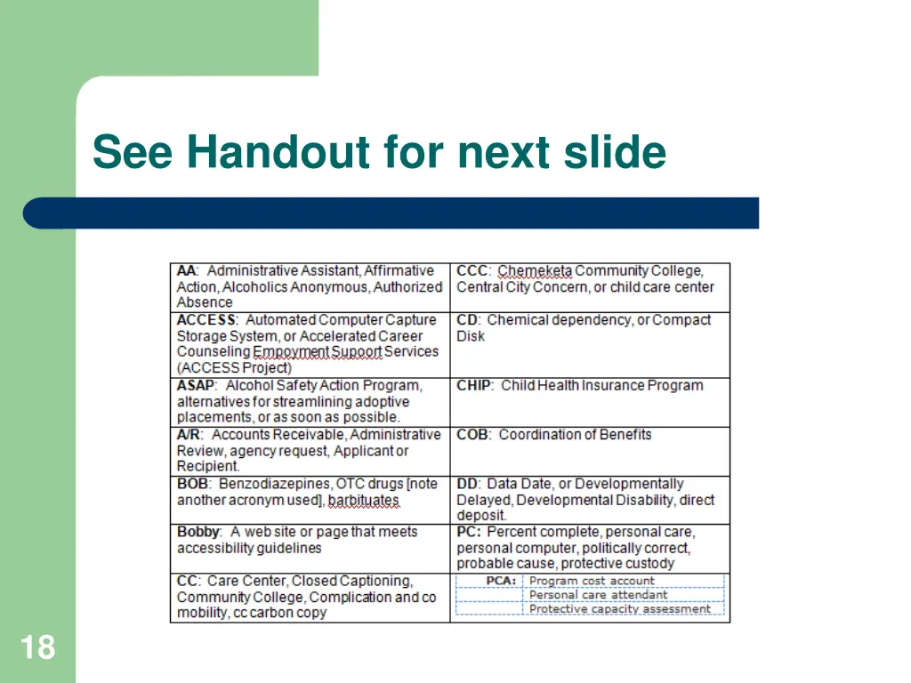 see handout for next slide