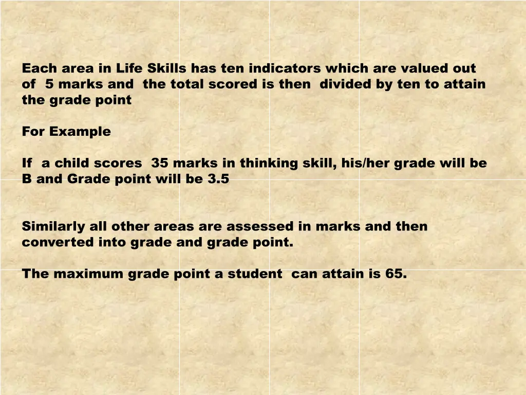 each area in life skills has ten indicators which