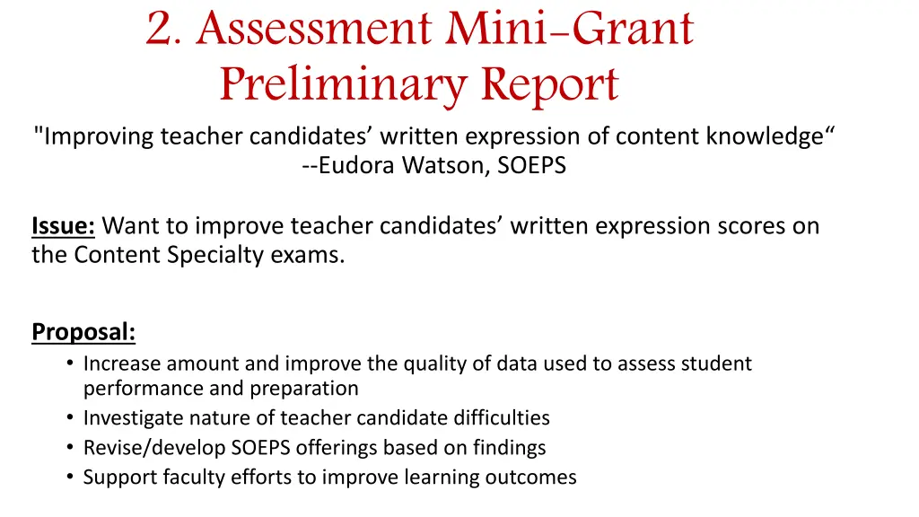 2 assessment mini grant preliminary report