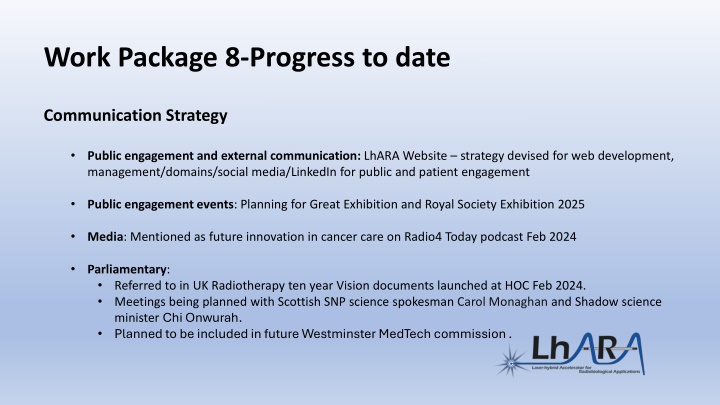 work package 8 progress to date