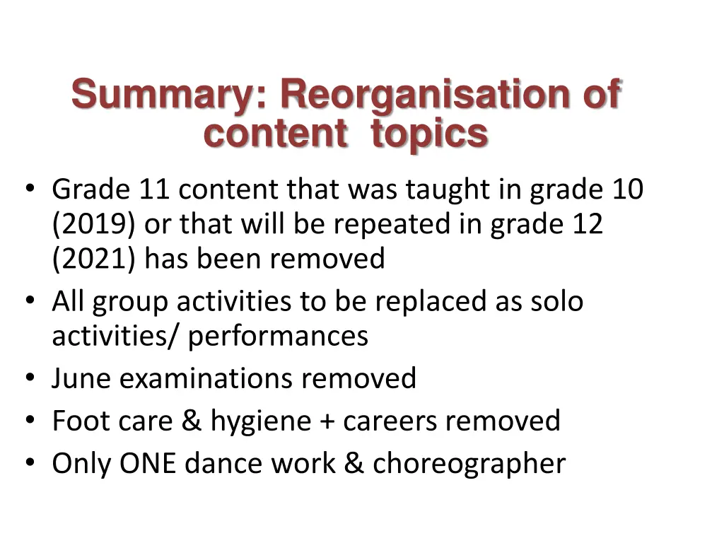 summary reorganisation of content topics grade
