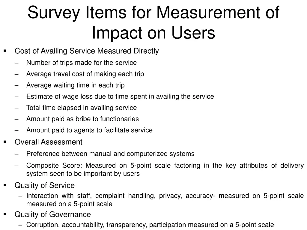 survey items for measurement of impact on users