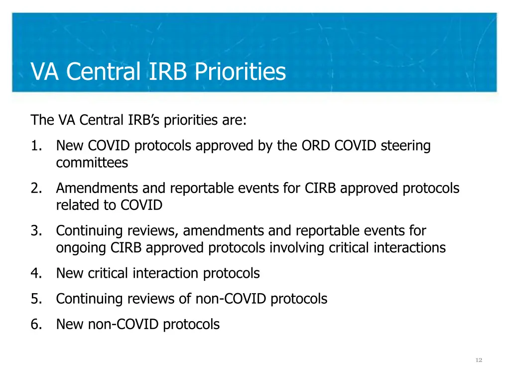 va central irb priorities