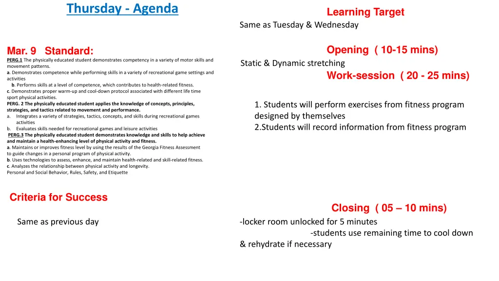 thursday agenda