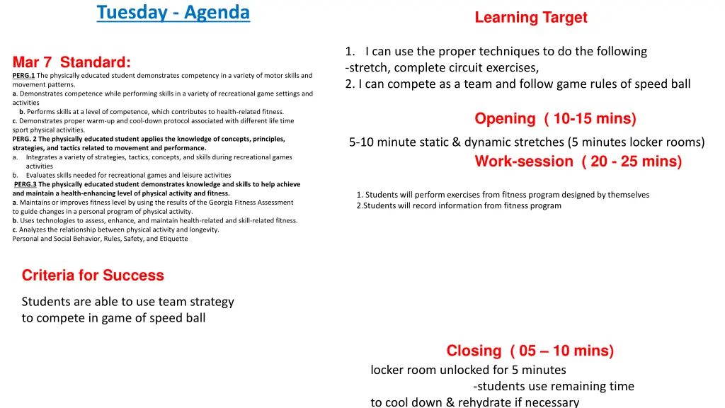 tuesday agenda