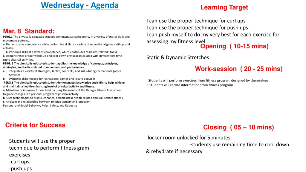 wednesday agenda