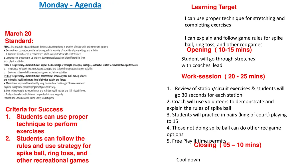 monday agenda
