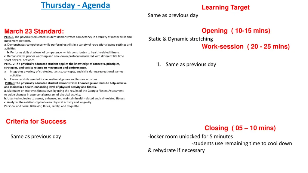 thursday agenda