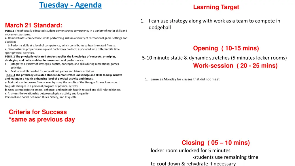 tuesday agenda