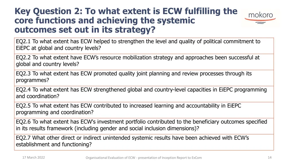key question 2 to what extent is ecw fulfilling