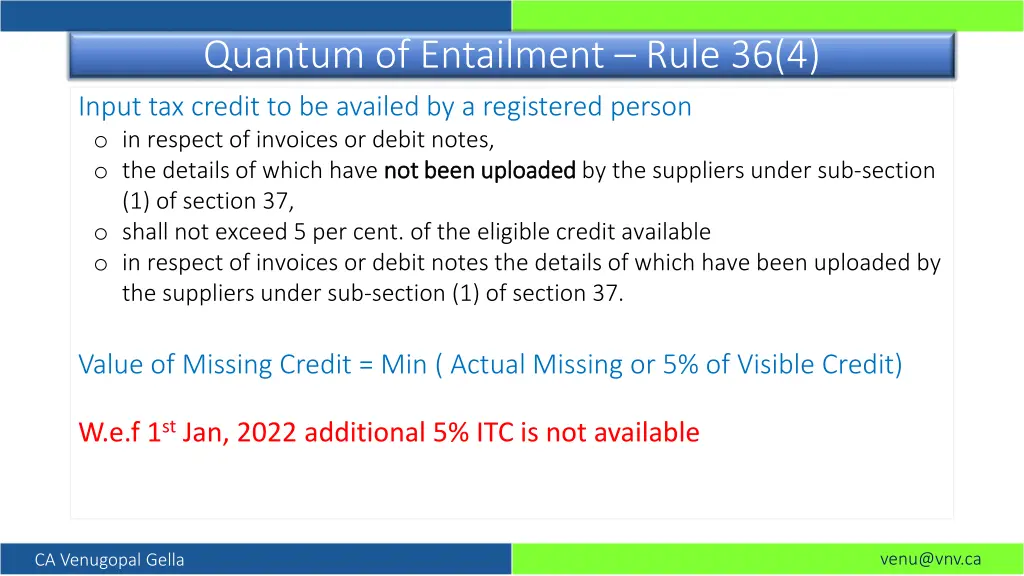 quantum of entailment rule 36 4 input tax credit