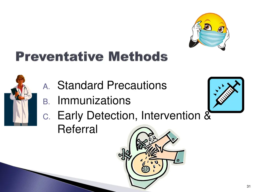 a standard precautions b immunizations c early